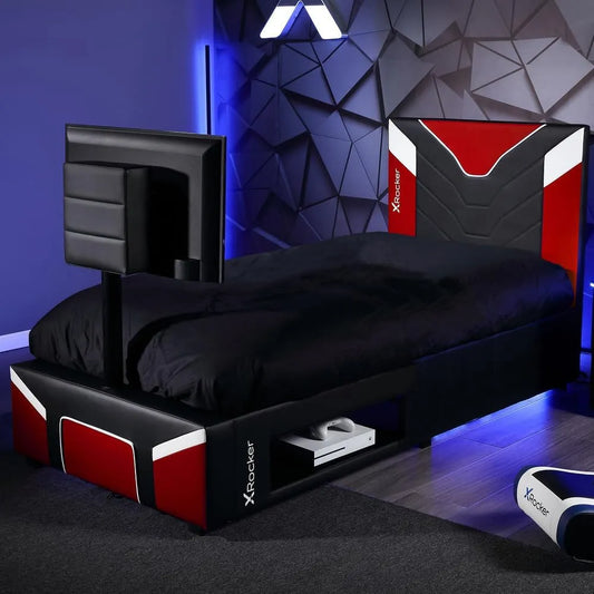 Bett, 32 Zoll, Stauraum und Kabelmanagement, Kunstleder-Polsterung, Fernseher, Breite 91 cm, Einzelbett, ideal für Kinderzimmer