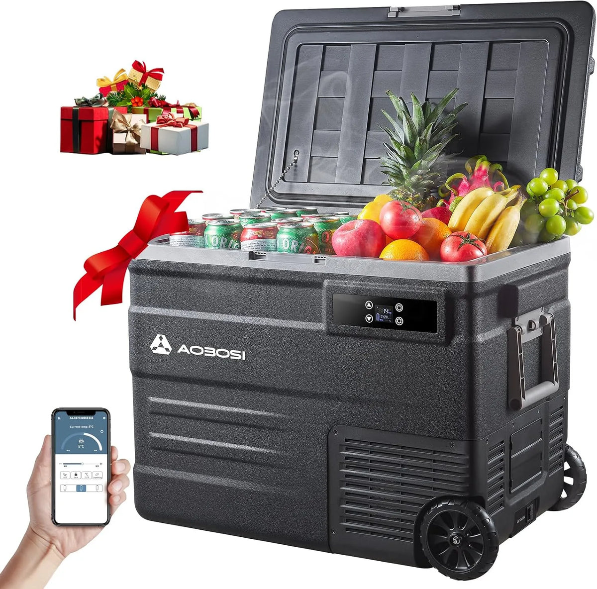 Kompressor 100-240V, 20°C bis 20°C, Kühlbox Auto mit APP, Kühlbox mit Rädern, Buggy, Boot, AAOBOSI 55L Kühlbox, 12/24V und, LED-Beleuchtung