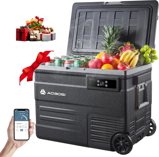 Kompressor 100-240V, 20°C bis 20°C, Kühlbox Auto mit APP, Kühlbox mit Rädern, Buggy, Boot, AAOBOSI 55L Kühlbox, 12/24V und, LED-Beleuchtung
