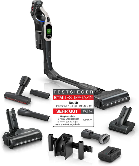 Bosch Akku-Staubsauger BKS1051GQC, 10 J. Motor, kabellos, TFT-Display, HEPA-Filtersystem, Schnellladegerät, Unlimited 10, 4 Ah Akku, LED-Licht