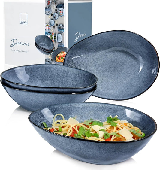 SÄNGER, Spaghetti Teller 4 Personen, Teller Steingut für Nudelgerichte Blau 1 L, Pastateller Darwin 4 tlg, Nudelteller Spülmaschinengeeignet