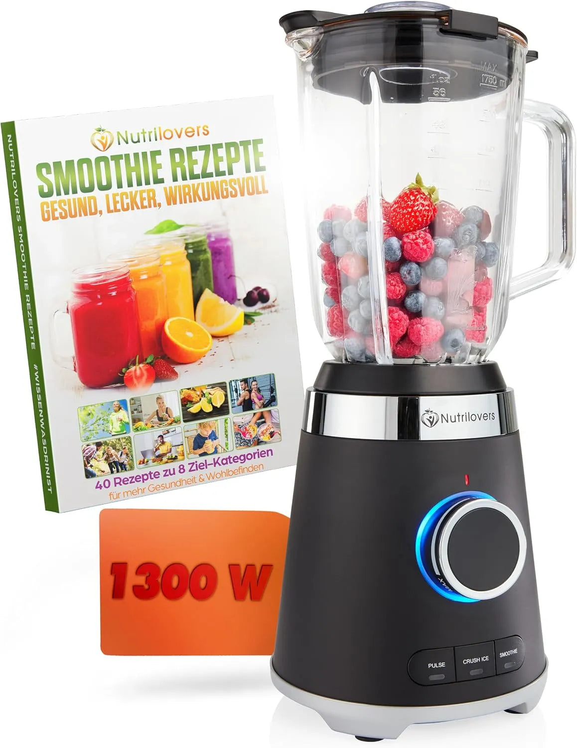 Standmixer NUTRI, GLAS Hochleistung 1300W Hochleistungsmixer Smoothie-Maker Profi, 3 Auto-Programme, Fassungsvermögen 1,75L Glasbehälter, 4 Klingen