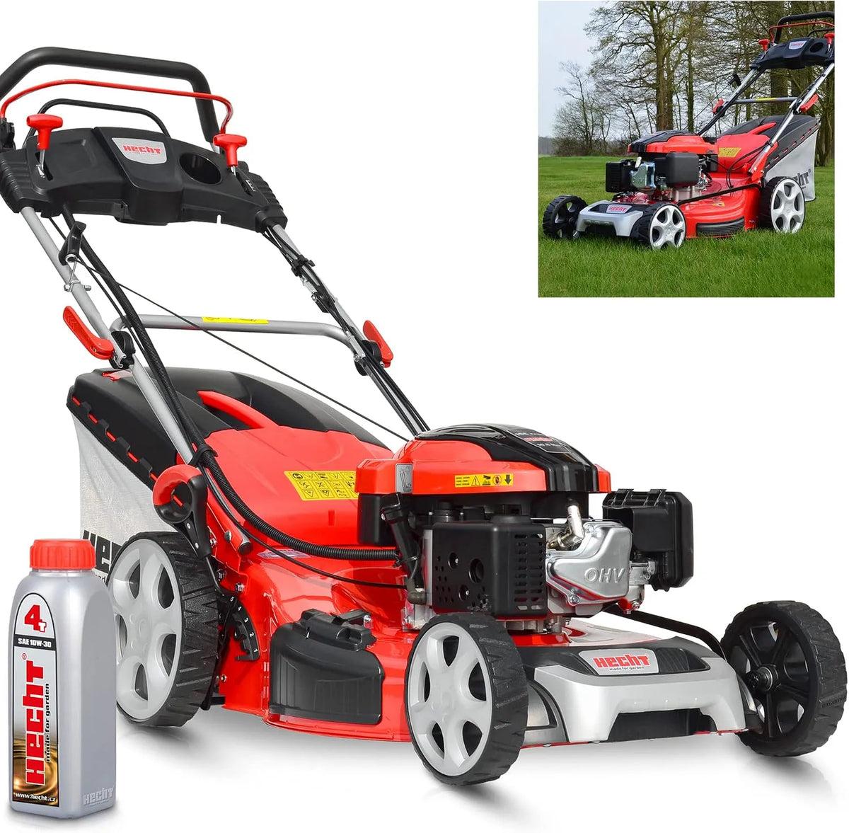 Rasenmäher 5IN1 HECHT, 4 Takt Motor mit 196 cm³ Hubraum, 56 cm Schnittbreite, Fassungsvermögen 70l Grasfangkorb, 4-Gang Radantrieb, Benzin