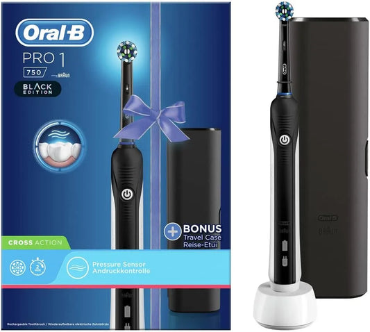 1 750 Black Edition Elektrische Zahnbürste Oral-B PRO, 1 Putzprogamm, 1 CrossAction Aufsteckbürste, Drucksensor, Timer & Reiseetui, in Schwarz