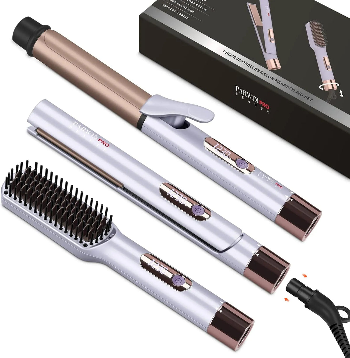 BEAUTY 3 In 1 Styling Set PARWIN PRO, Beinhaltet Glätteisen 25mm -Lockenstab 32mm & GlÄttbÜrste, Led-temperaturregelung Und Sofortigem Aufheizen