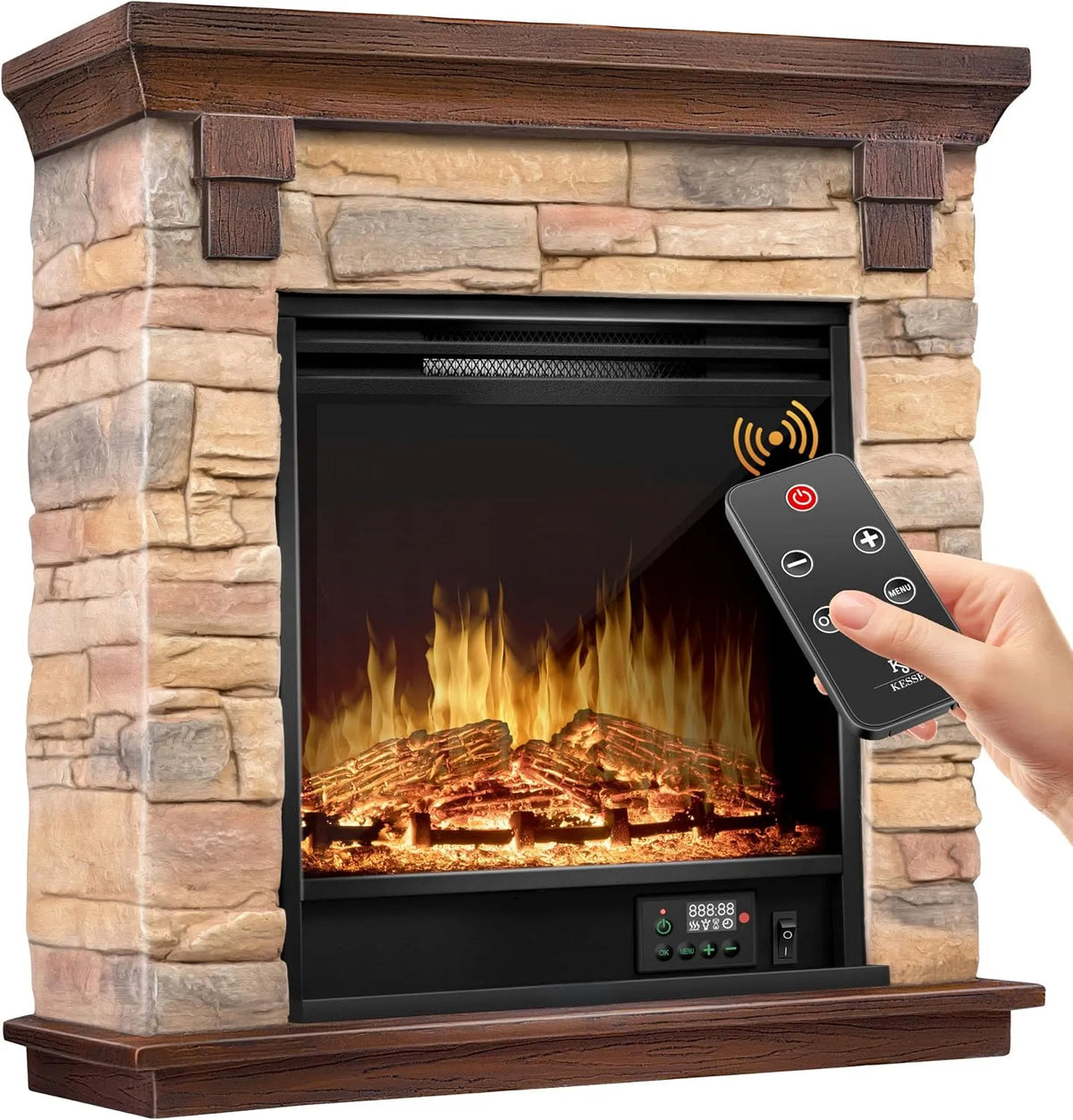 Kesser Braun Elektrokamin 3D-Flammeneffekt, Elektro Kamin mit 1800W Leistung, Standkamin, Kamin elektrisch mit LED, Mit Heizung Heizfunktion, Timer