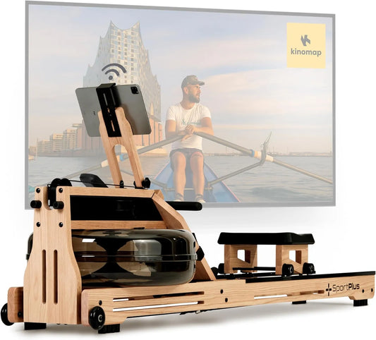 Für Zuhause Wasser SportPlus Rudergerät, Rudermaschine Holz bis 180 kg & 200 cm, Wasserrudergerät Designed in Germany