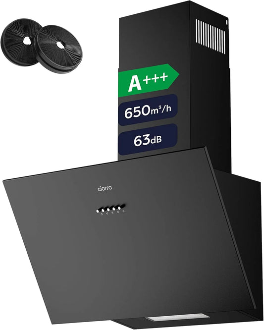 CIARRA Dunstabzugshaube CBCB6762A CBCF003, A+++ 60 cm Umluft 650 m³/h Kopffrei inklusive Aktivkohlefilter 3 Leistungsstufen LED