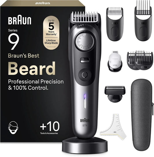 Braun Barttrimmer Series 9, Elektrischer Bartschneider Herren mit 10 Barber-Tools BT9545, Fassungsvermögen 52 Längen, Lebenslang Ultrascharfe Klinge