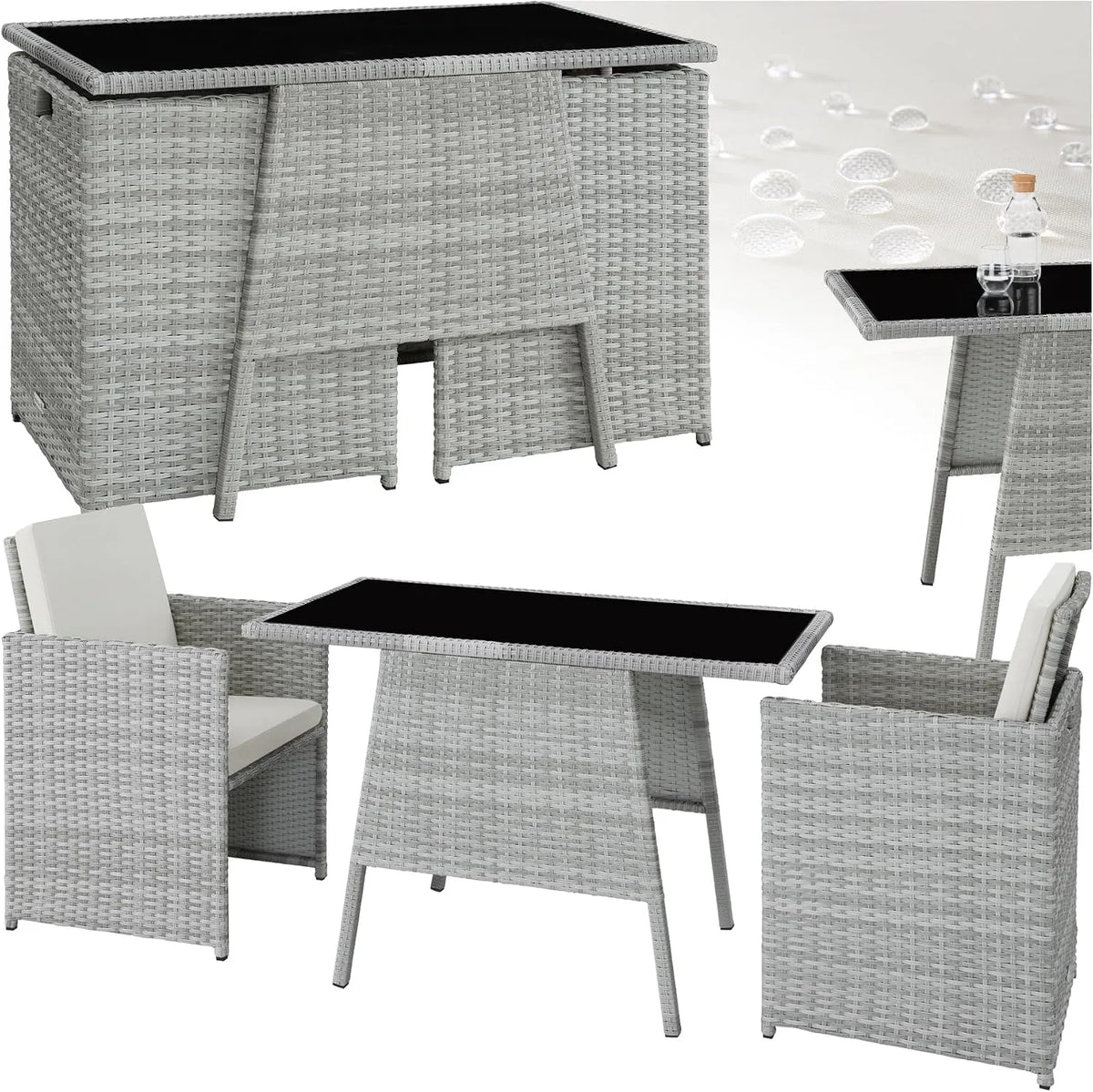 Tisch, Outdoor Möbel platzsparend zusammenschiebbar, tectake Poly Rattan Sitzgruppe für 2 Personen, 2 Sessel & 1, Gartenmöbel, hellgrau