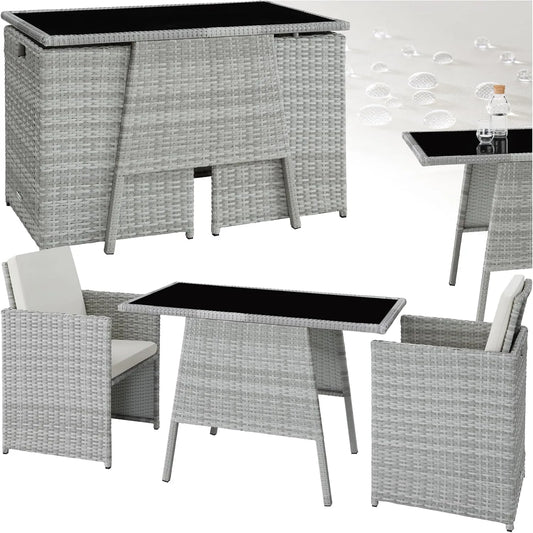 Tisch, Outdoor Möbel platzsparend zusammenschiebbar, tectake Poly Rattan Sitzgruppe für 2 Personen, 2 Sessel & 1, Gartenmöbel, hellgrau