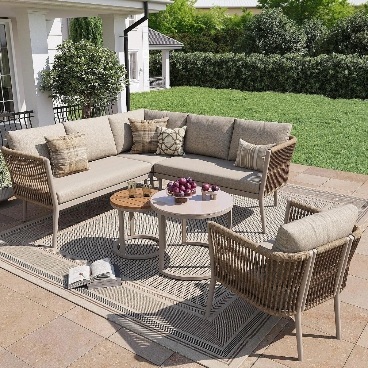 Sofa, Kebnor Gartenlounge-Set für 5-6 Personen, 6-teiliges PE-Rattan Sitzgruppe mit wasserfester Sitzbank und Kissenset, Großes Outdoor Set, Beige