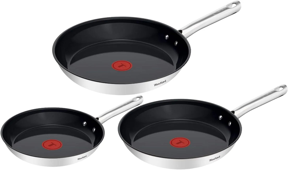 Tefal Modell, 3-tlg. 20/24/28 cm G766S334, Duetto On Pfannen-Set, Thermo-Signal, für alle Herdarten geeignet, genieteter Griff, Edelstahl