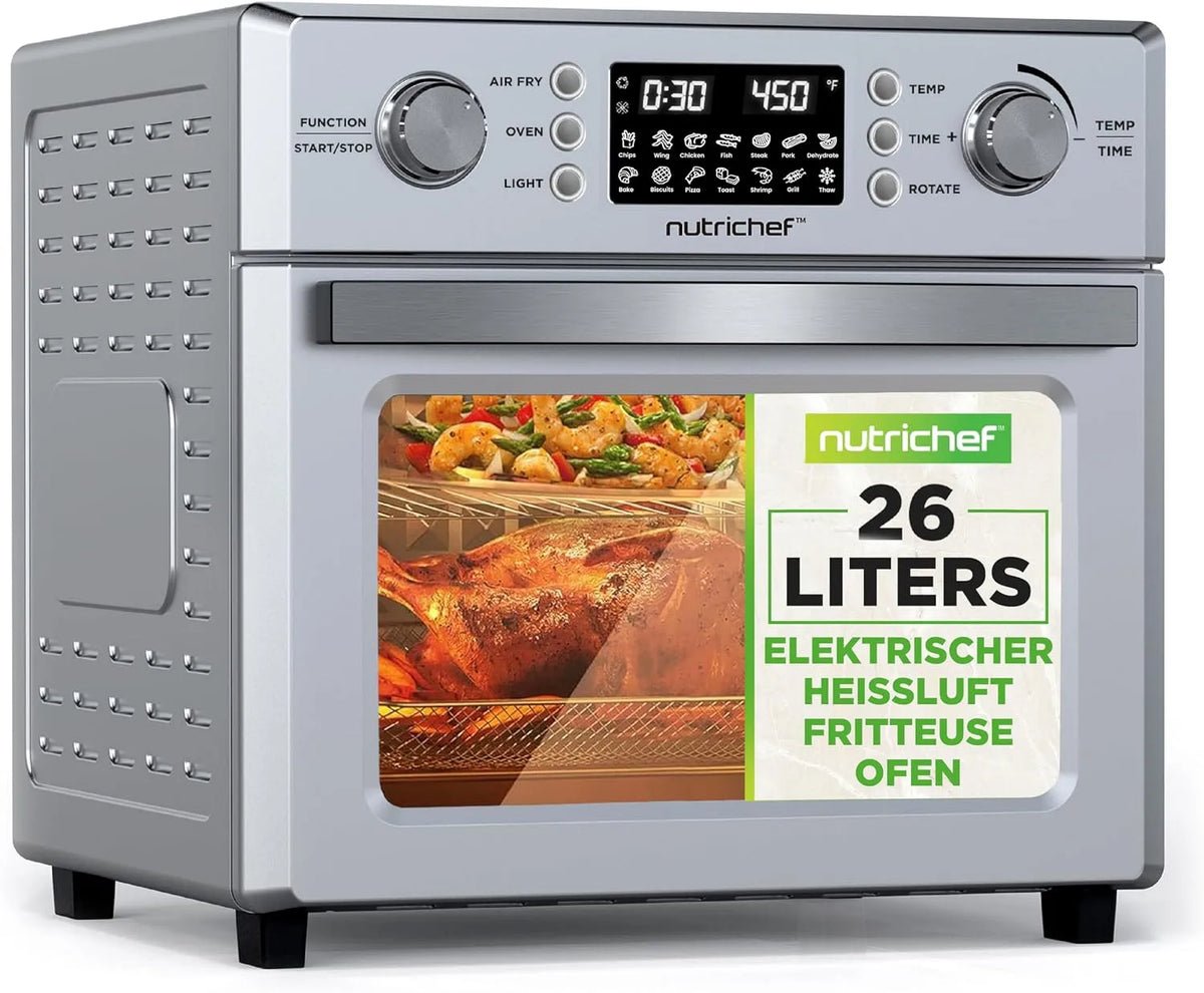 Heißluftfritteuse NutriChef, Fassungsvermögen 26L, Zubehör, 10-in-1 Mini-Backofen mit Dörrfunktion
