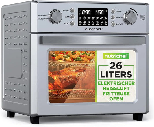 Heißluftfritteuse NutriChef, Fassungsvermögen 26L, Zubehör, 10-in-1 Mini-Backofen mit Dörrfunktion