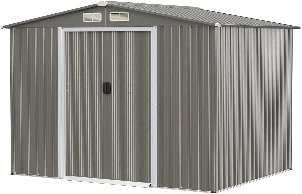 Costway Gerätehaus, mit Fundament, Maße 260x207x180cm, 8,5 m³ Metallschuppen Outdoor, Geräteschuppen aus verzinktem Stahl, Hellgrau