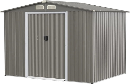 Costway Gerätehaus, mit Fundament, Maße 260x207x180cm, 8,5 m³ Metallschuppen Outdoor, Geräteschuppen aus verzinktem Stahl, Hellgrau