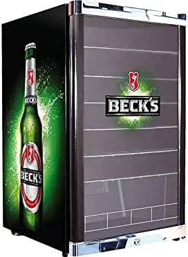 Kühlschrank, 84,5 cm hoch, Getränkekühlschrank groß mit Glastür, Energieeffizient, Flaschenkühlschrank groß, CUBES Becks Bierkühlschrank 115L, 104 kWh