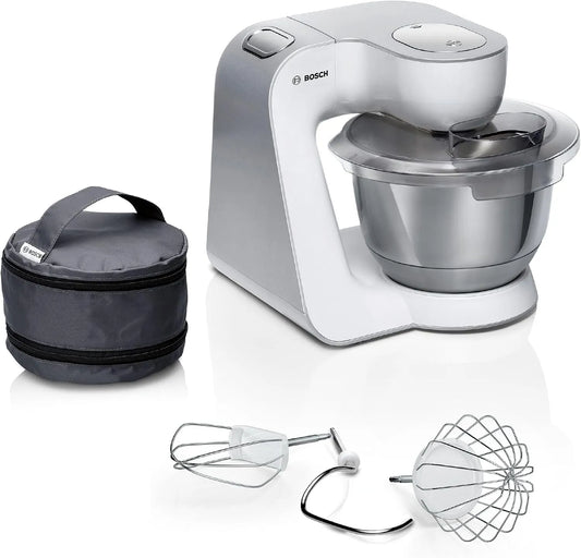 Bosch Küchenmaschine MUM58200, Serie 4, Knethaken, 3D Rührsystem, Rühr- & Schneebesen Edelstahl, Edelstahlschüssel spülmaschinenfest, weiß, silber