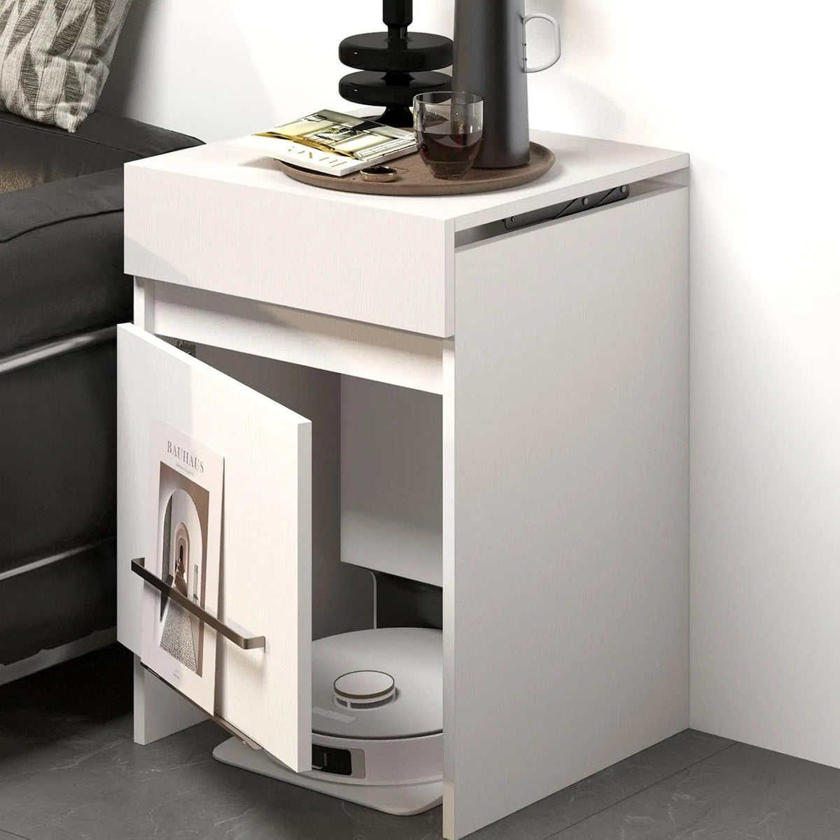 Schrank, für Saugroboter mit Schublade & Lift Design, Wasserwechsel leicht gemacht, für Wohnzimmer, Schlafzimmer, Küche, White