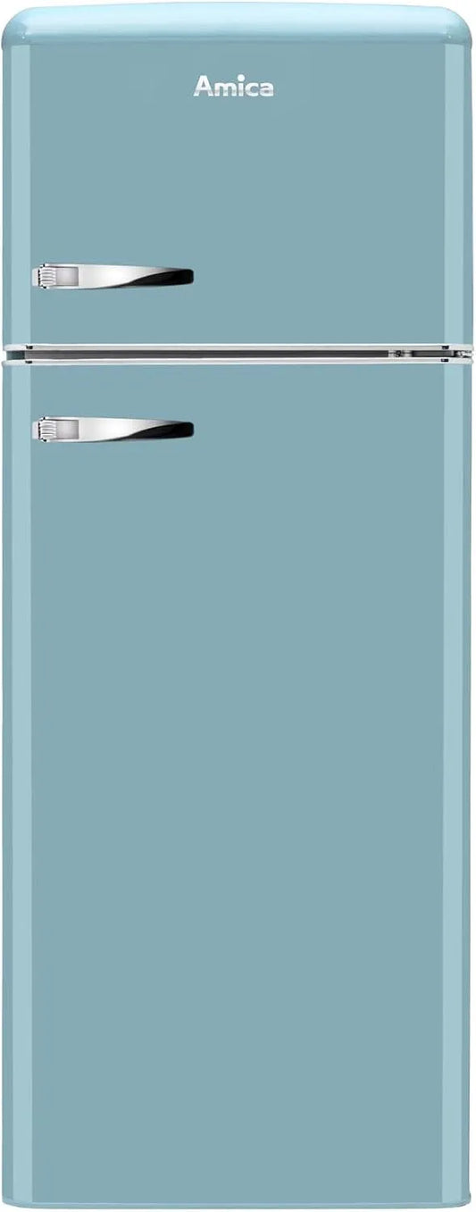Amica 190 T Retro Kühl, Breite 144cm DTR 374, x 55cm, x 62cm, Gefrierkombination, Türkisblau, Retro-Design