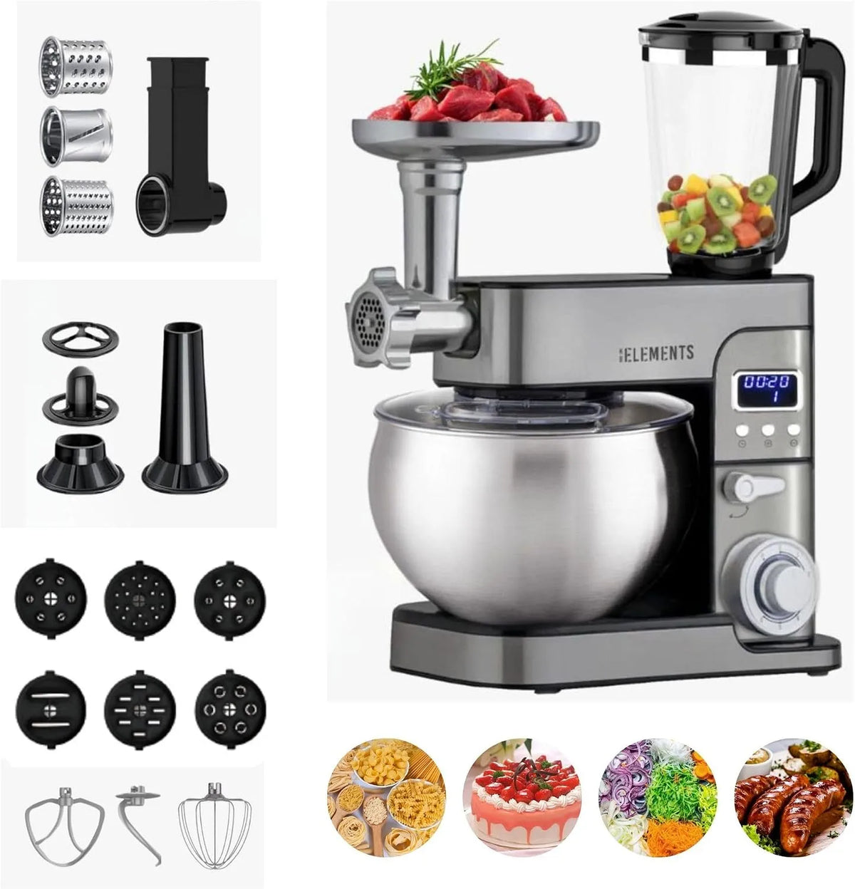 Küchenmaschine, 4-in-1, Leistung 2500W, Fassungsvermögen 1,5L Entsafter, Multifunktions, Mit Fleischwolf, Mit Pasta set, Timer, Digitale Steuerung