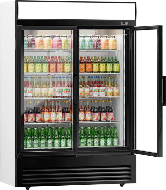 Kühlschrank, Fassungsvermögen 880 Liter, mit 2 Glastüren & Werbedisplay, GGM Gastro Getränkekühlschrank