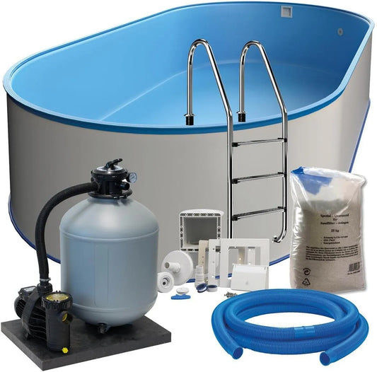 Pool SF152, 8,00 m x 4,20 m x 1,50 m, Sandfilteranlage mit 11 m³/h, Stahlwand Ovalpool-Set, L x B x T, Made in Europe, Einbauskimmer, Filtersand