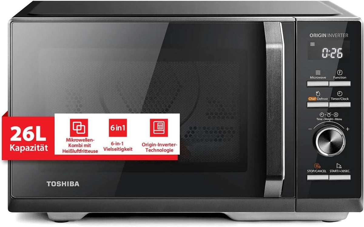 Toshiba Mikrowelle MW3-AC26SFI, 6-in-1 Mikrowellenofen, Fassungsvermögen 26L, Leistung 1000W Grill, BK, mit Grill und Heißluft, Origin-Inverter