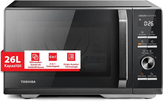 Toshiba Mikrowelle MW3-AC26SFI, 6-in-1 Mikrowellenofen, Fassungsvermögen 26L, Leistung 1000W Grill, BK, mit Grill und Heißluft, Origin-Inverter