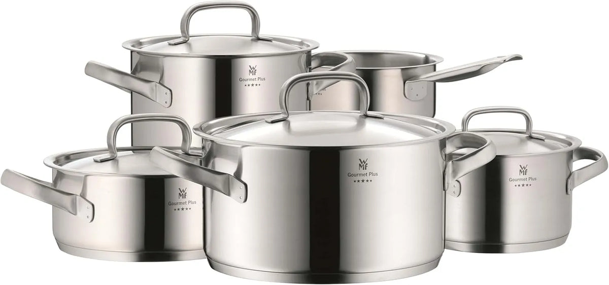 WMF Topfset, Cromargan Edelstahl mattiert, Gourmet Plus Induktion 5-teilig, Kochtopf Set mit Metalldeckel, Innenskalierung