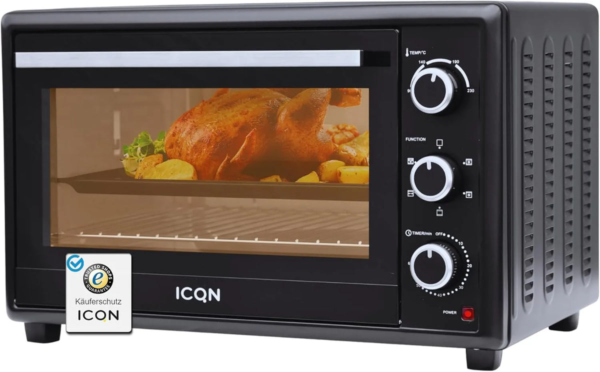 Backofen, Leistung 1800 W, Drehspieß, Pizzaofen, Mini-Ofen, ICQN 50L Minibackofen mit Umluft, 60 Min Timer, Innenbeleuchtung, inklusive. Backblech Set