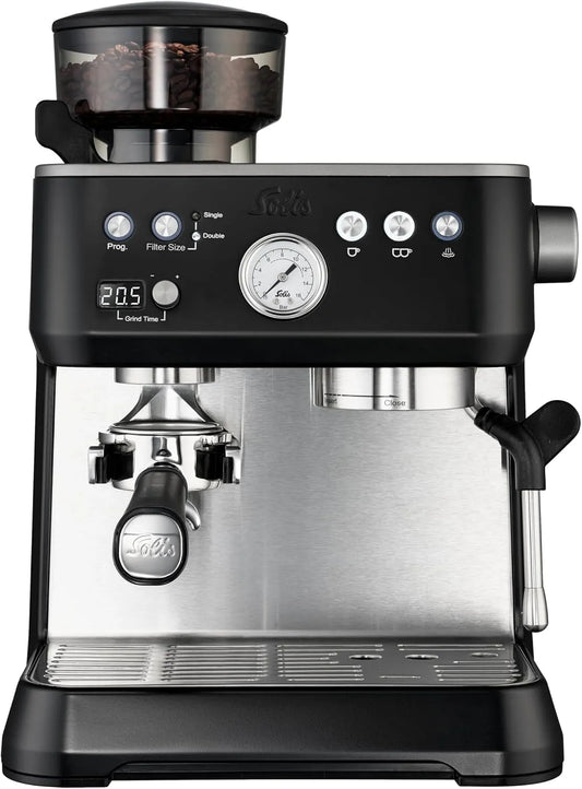 Espresso-Siebträgermaschine 1019, Solis Grind & Infuse Perfetta, Espressomaschine mit Dampf- und Heißwasserfunktion, Kaffeemaschine mit Mahlwerk