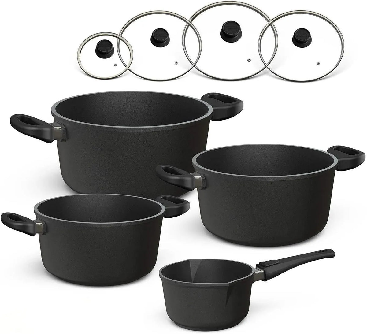 Induktion mit Glasdeckel Hoffmann Töpfeset, 8-teilig I Set alle Herdarten auch Induktion I Kochtöpfe und Stielkasserolle Made in
