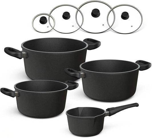 Induktion mit Glasdeckel Hoffmann Töpfeset, 8-teilig I Set alle Herdarten auch Induktion I Kochtöpfe und Stielkasserolle Made in