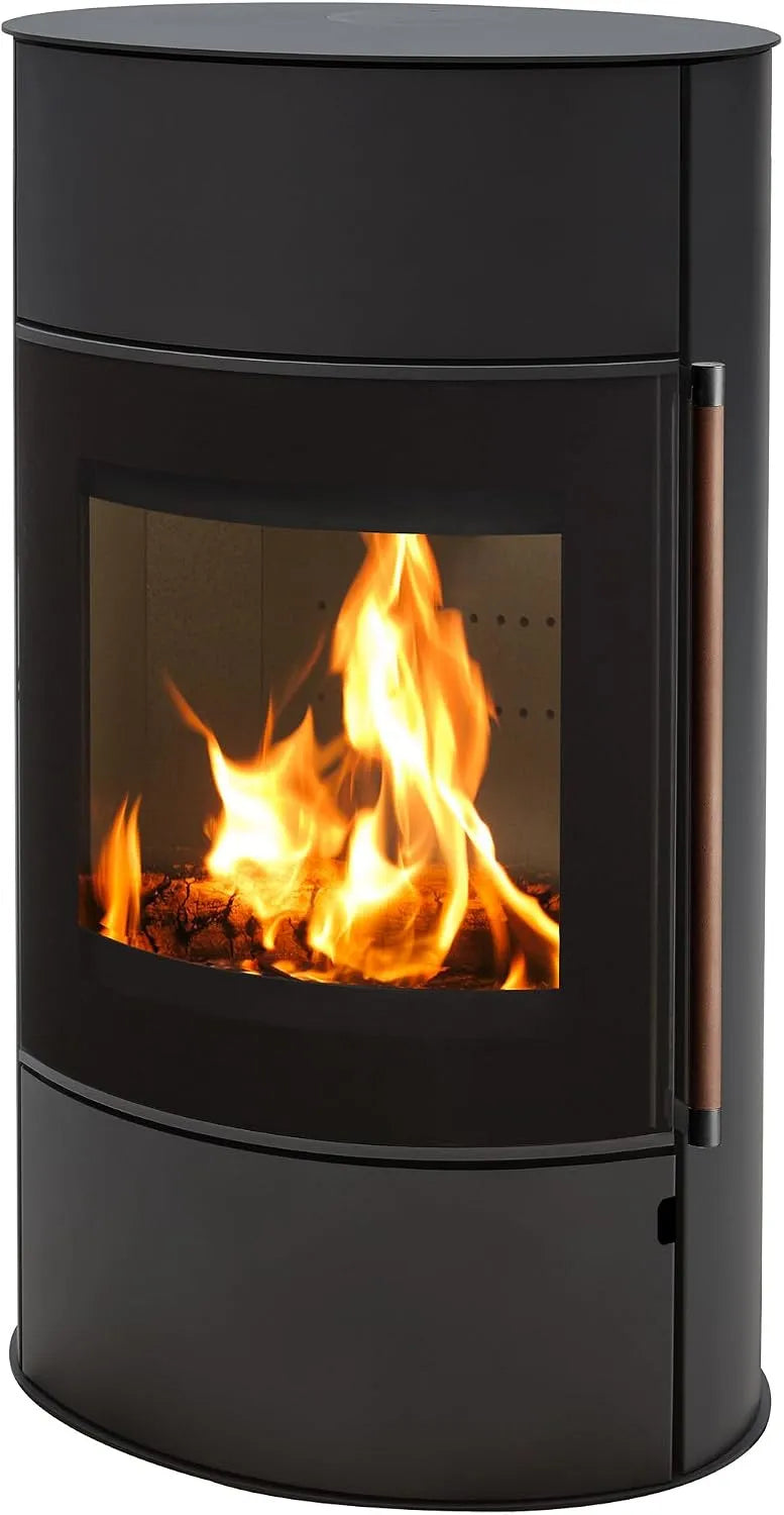 Kaminofen H&M Germany, Mango 2.0 Plus in Schwarz oval 8kw großer Feuerraum Bauart 1 Panorama Scheibe 150mm Abgasstutzen
