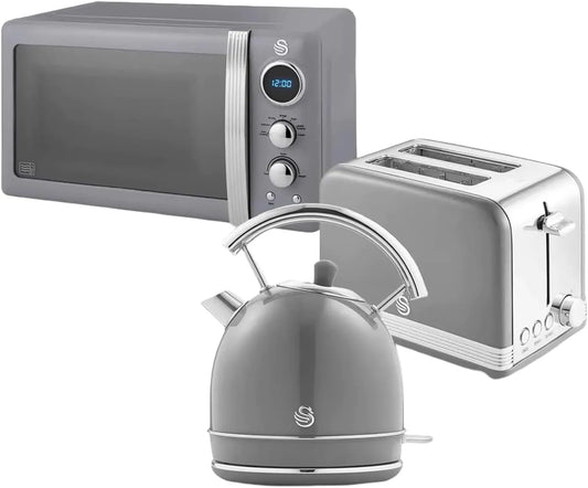 Wasserkocher, Fassungsvermögen 20L Digital-Mikrowelle, Fassungsvermögen 6 Leistungsstufen, Spiegeltür, Einheitsgröße, Swan Retro Frühstücks-Set 1,8 L