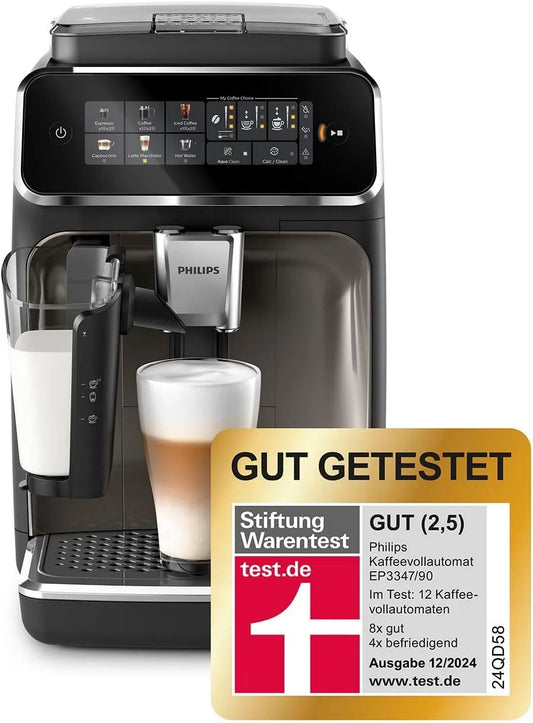 Philips Kaffeevollautomat 3300 EP3347/90, 6 Getränke, AquaClean Filter. Schwarzchrom, LatteGo-Milchsystem, Series, 100% Keramikmahlwerk, SilentBrew