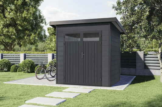 Gerätehaus Finnhaus Wolff WPC, Vitale 2020 19 Anthrazit, Geräteschrank mit 19 mm Wandstärke Gartenhaus, Hellgrau aus Holz, Kunststoff in Anthrazitgrau