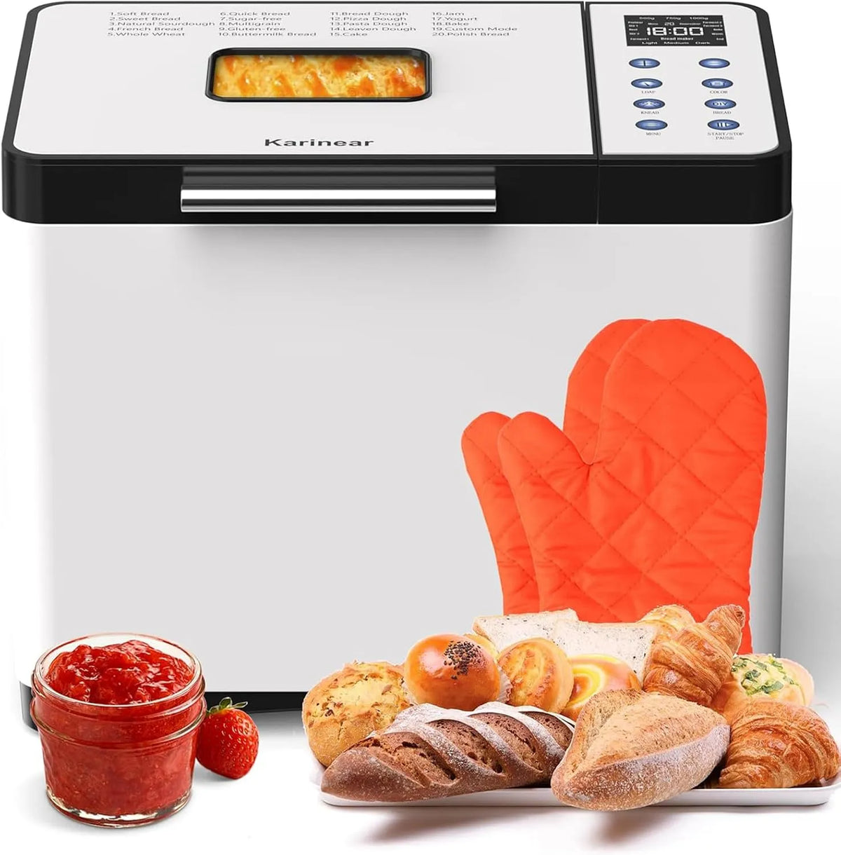 15-Stunden-Zeitvorwahl 2LB Karinear Brotbackmaschine, 20 Programmfunktion Brotbackautomat mit Handschuhen, Weiß