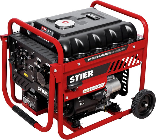 Stromerzeuger SNS-500 STIER Inverter, Leistung 5,0 kW 75 dB, Stromgerenator Benzin, Notstrommaggregat, wartungsarm, für den Außenbereich, kompakt