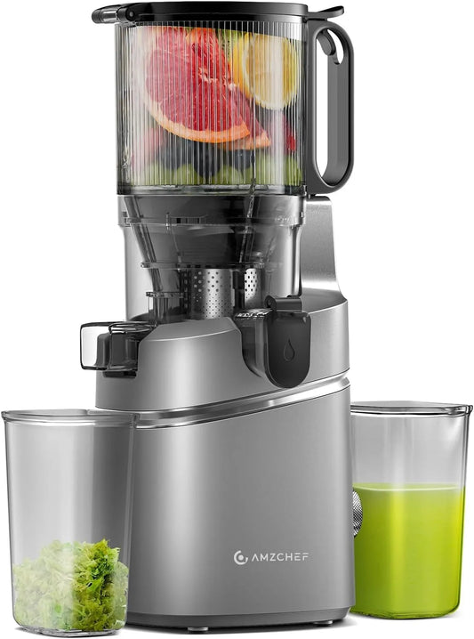 Entsafter AMZCHEF, Fassungsvermögen 2L Behälter, BPA-frei mit Rezeptbuch, Farbe Grau, XXL 138mm Öffnung, Slow Juicer Kaltpresse für ganze Früchte