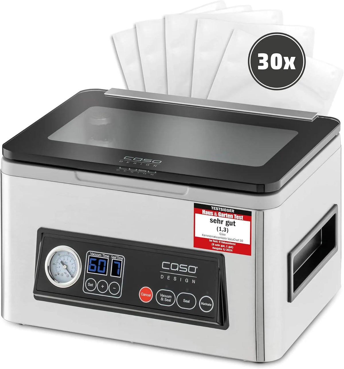 Caso VacuChef 50, 70 l/min, Fassungsvermögen 4 l Kammervolumen, inklusive. 30 Siegelrandbeutel, Testsieger Haus & Garten Test, doppelte Schweißnaht