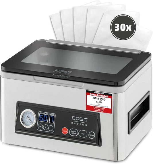 Caso VacuChef 50, 70 l/min, Fassungsvermögen 4 l Kammervolumen, inklusive. 30 Siegelrandbeutel, Testsieger Haus & Garten Test, doppelte Schweißnaht