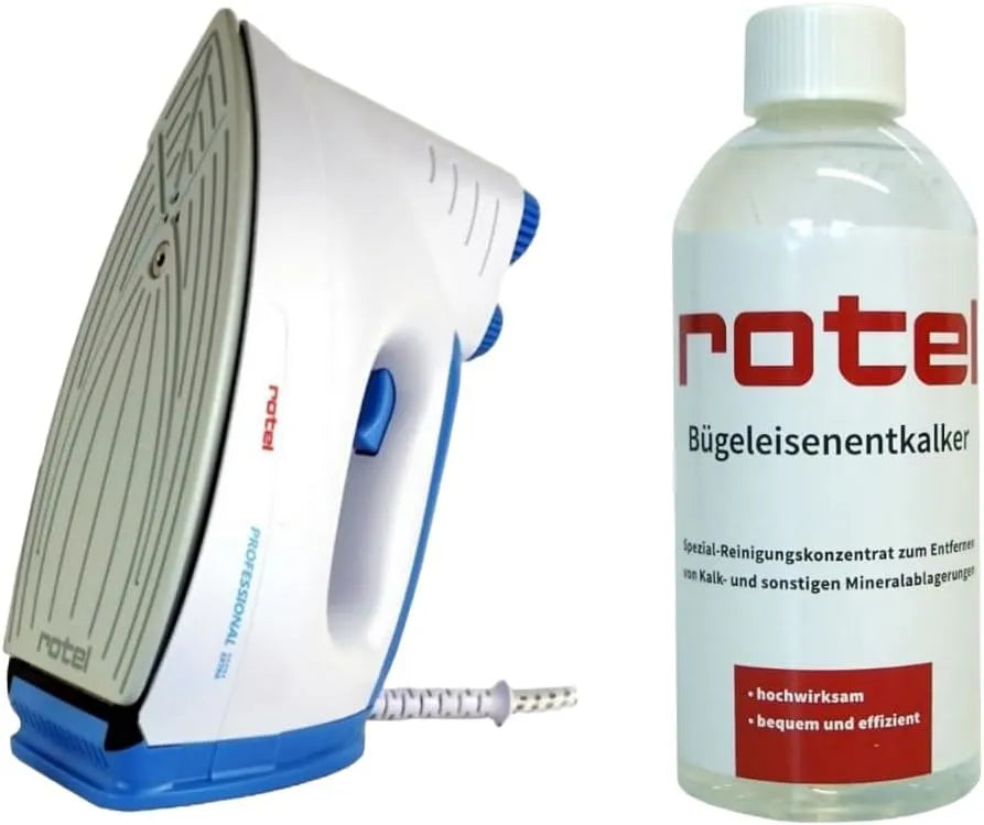 Extra Original Dampfbügeleisen Blau mit Keramiksohle Rotel Professional, isolierter Tank 300ml mit Rotel Bügeleisenentkalker 500 ml, Leistung 800W