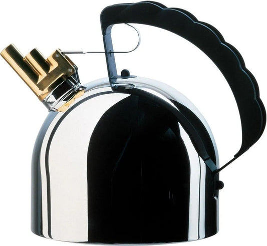 FM Wasserkessel aus Edelstahl 18/10 glänzend poliert 9091 Alessi, mit melodischer Flöte aus Messing und Griff aus PA