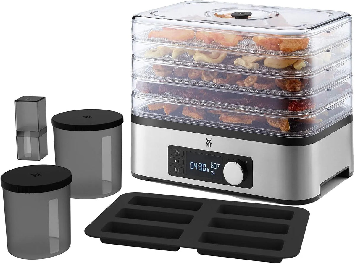 WMF Modell 24h-Timer, 30-70°C, Küchenminis Dörrautomat Edelstahl, Obsttrockner, Müsliriegelform, Dörrgerät mit 5 Einlegefächern, 2 Aufbewahrungsboxen