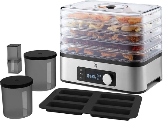 WMF Modell 24h-Timer, 30-70°C, Küchenminis Dörrautomat Edelstahl, Obsttrockner, Müsliriegelform, Dörrgerät mit 5 Einlegefächern, 2 Aufbewahrungsboxen