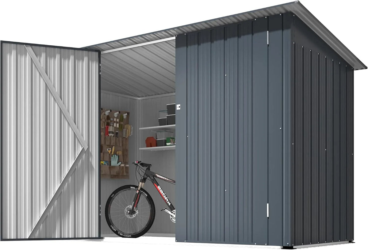 Gerätehaus, YODOLLA Fahrradschuppen 2 Türen mit Schloss, 217x96x141cm Metall abschließbares Geräteschuppen, Farbe Grau