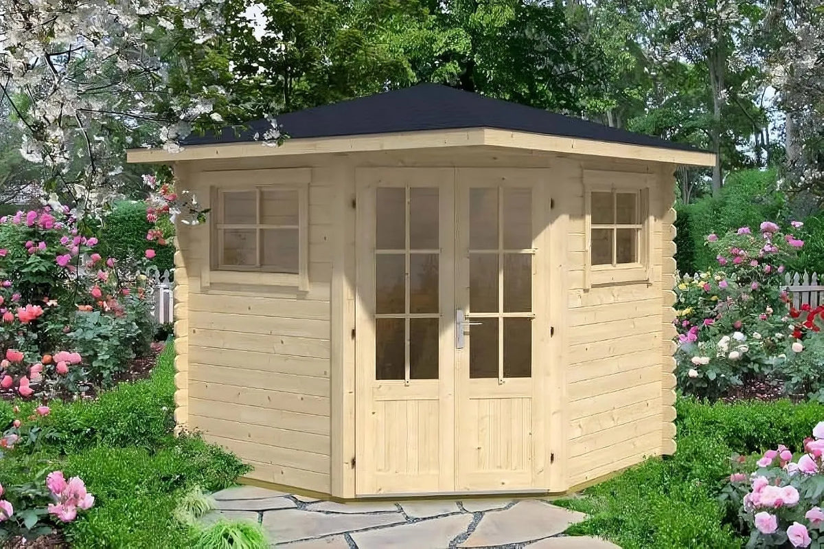 Gartenhaus, 5-Eck Sunny-B aus Holz Naturbelassen 250 x 250 cm mit 28 mm Wandstärke & Spitzdach